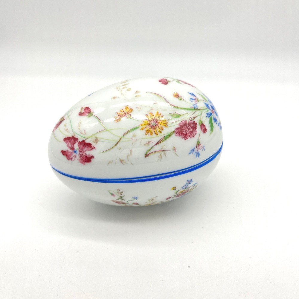LEC Limoges‎ France Porcelain Egg Trinket Box Floral Blue Band Lid